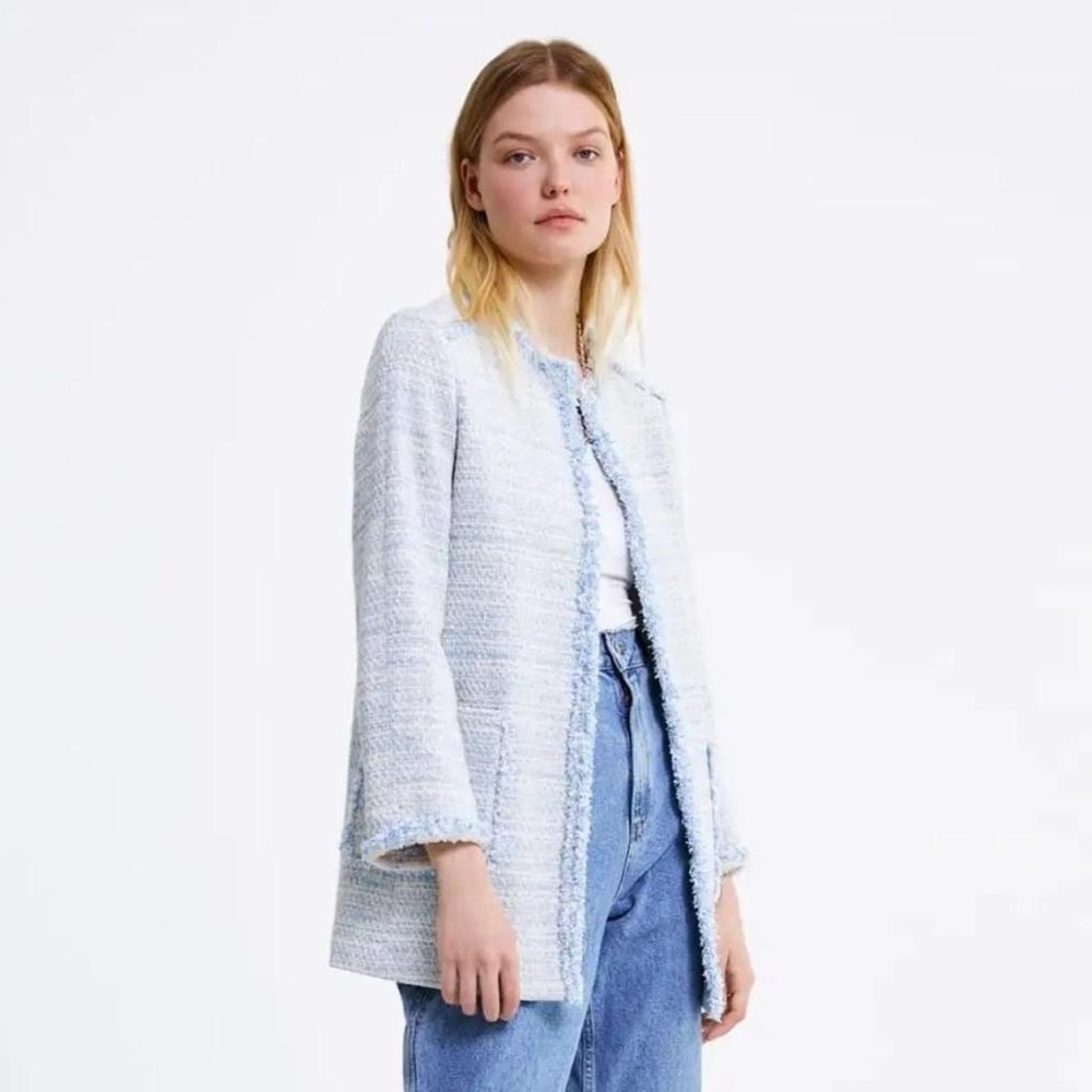 Zara NWT! Blue Kate Middleton Style Tweed Jacket In Light Blue Size L